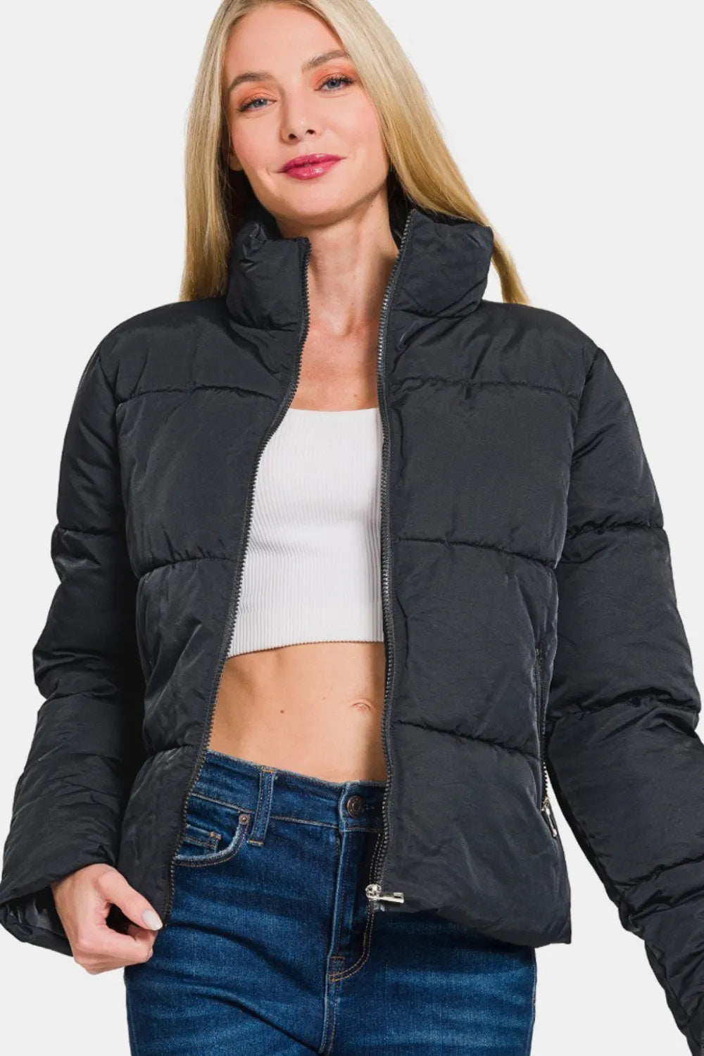 Zenana Zip Up Turtleneck Puffer Jacket With Pockets