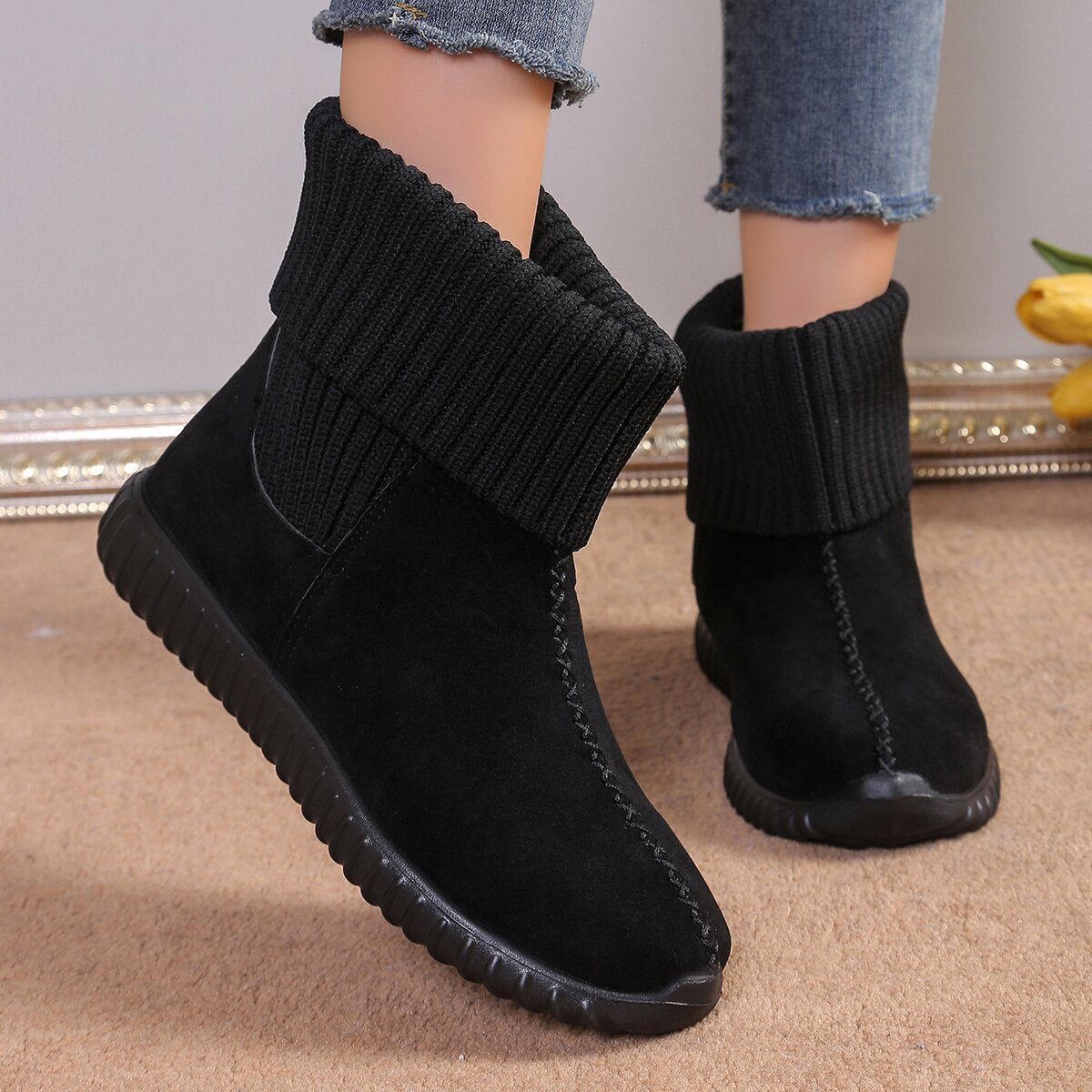 Flat Ankle Boots With Reversible Knitted Design Winter Fashion Comfortable Snow Boot For Women Shoes